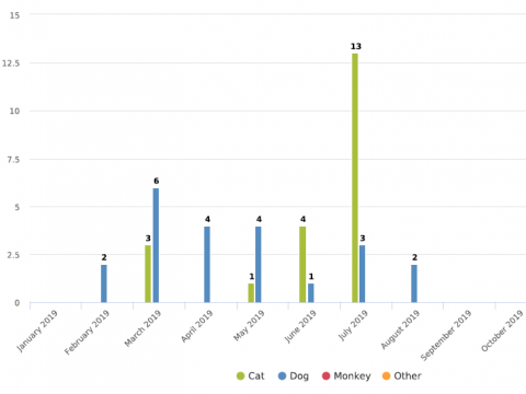 Number of Suspect rabies animals reported in Poblacion Village, Muntinlupa City. After 6 months using the CBRS, a total of 43 reportable events of highly suspect rabid animals (22 dogs, 21 cats) were documentedSource: Community-based Rabies Surveillance database, Rabies Epidemiological Bulletin