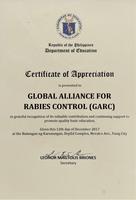 Certificate award for GARCs contribution to national rabies education Philippines 2017